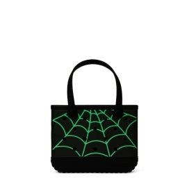 A black tote bag with a bright green spiderweb pattern printed on the front, featuring two black shoulder straps, shown against a plain white background.
