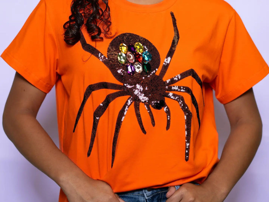 Jeweled Sequin Spider Orange Top
