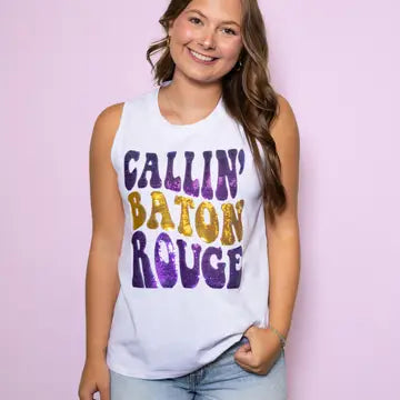 callin Baton Rouge yellow and gold sparkly tank top