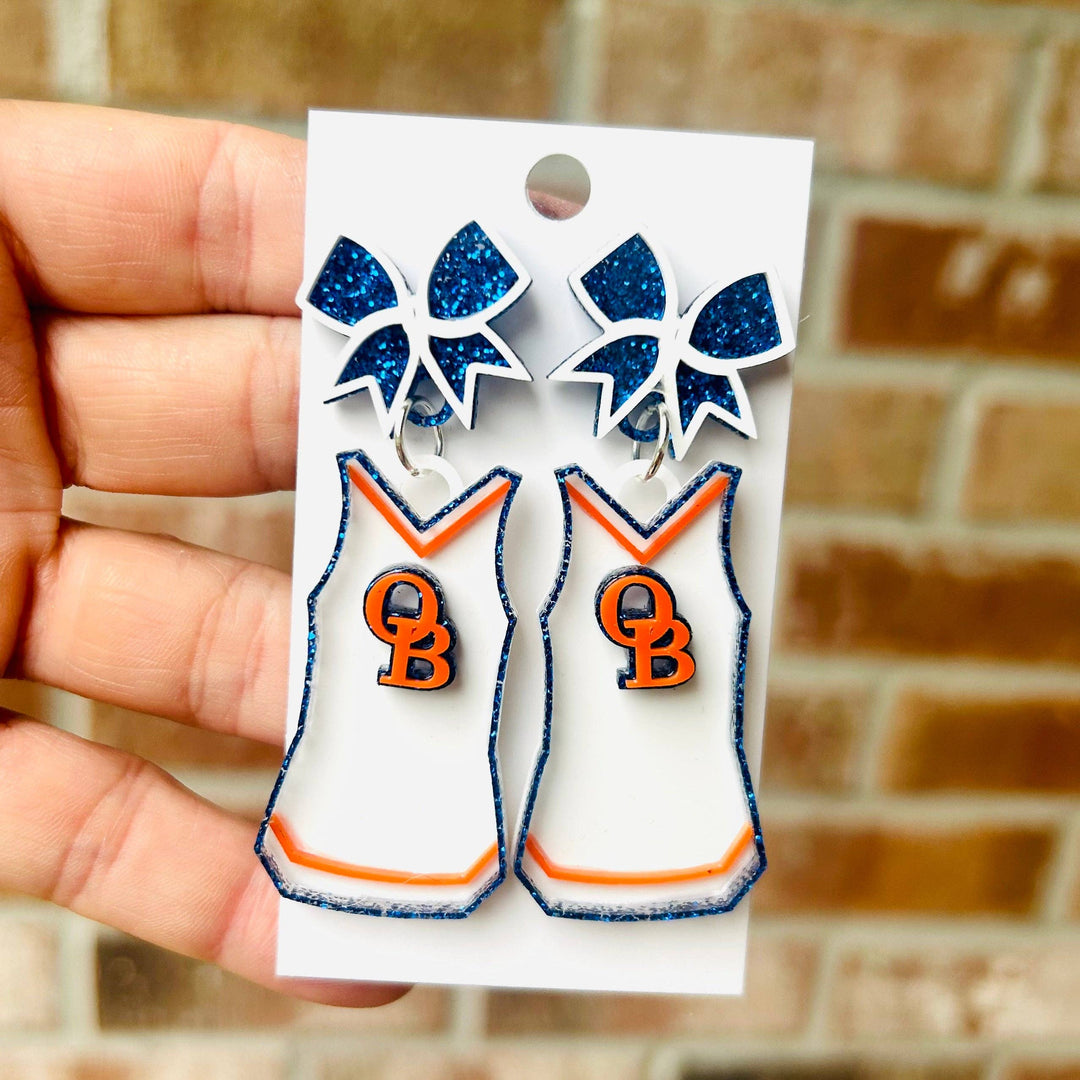orange and blue sparkle makos earrings with bows