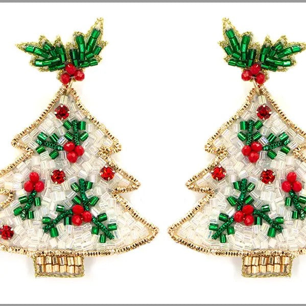 white and gold holly leaves christmas tree beaded earrings