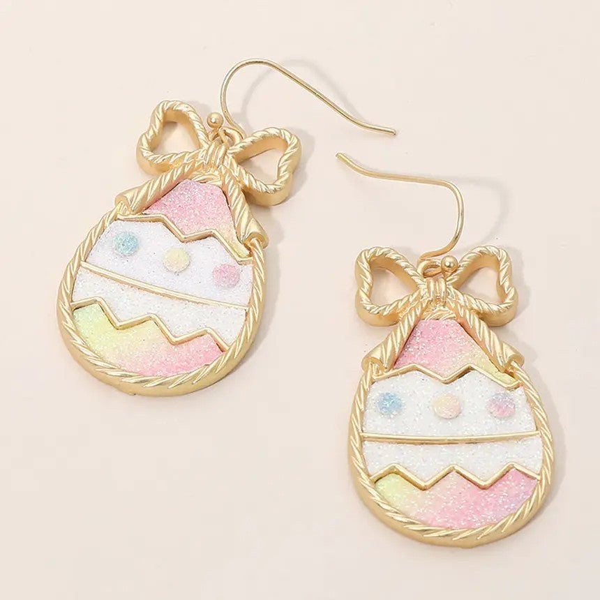 gold and sparkle easter egg earrings with bow