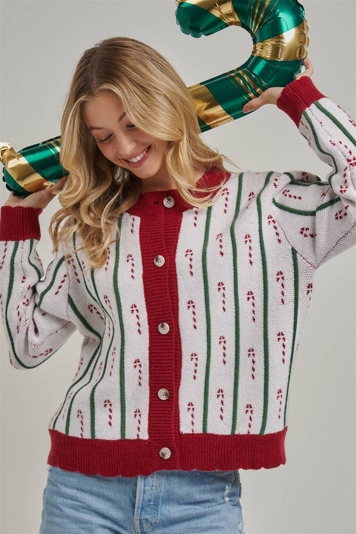 Festive Holiday Christmas Candy Cane Cardigan Sweater