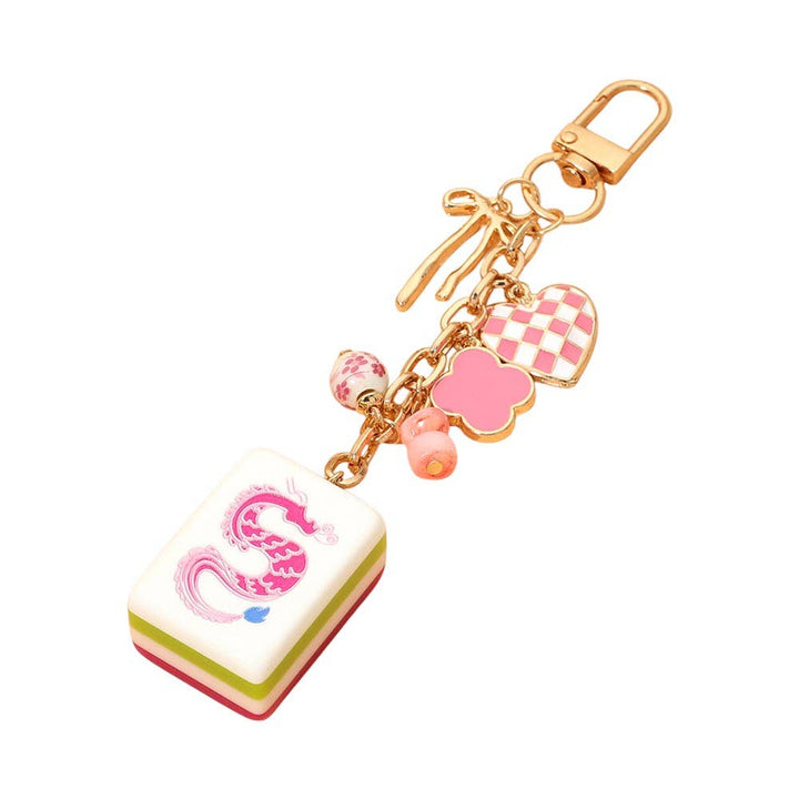Mahjong Tile Drop Bow Heart Charm Embellished Keychain Bag Charm