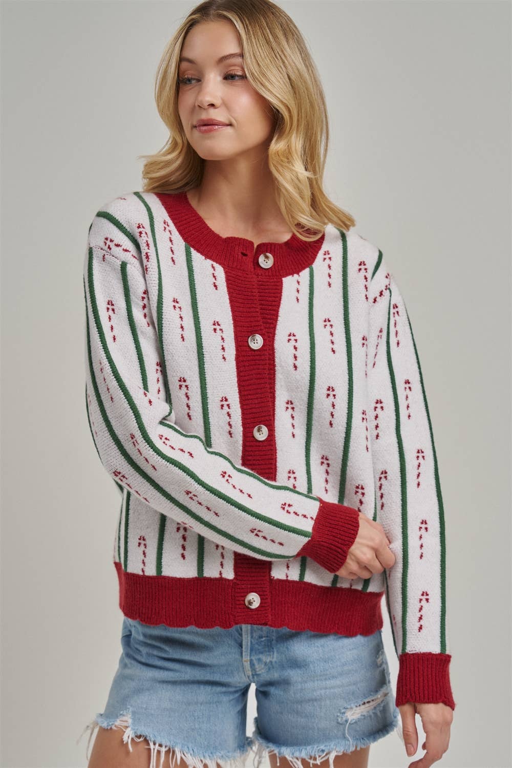 Festive Holiday Christmas Candy Cane Cardigan Sweater