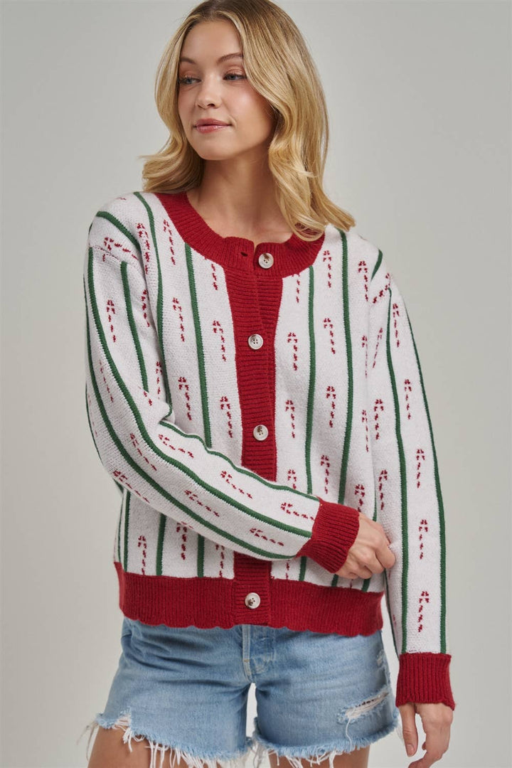 Festive Holiday Christmas Candy Cane Cardigan Sweater