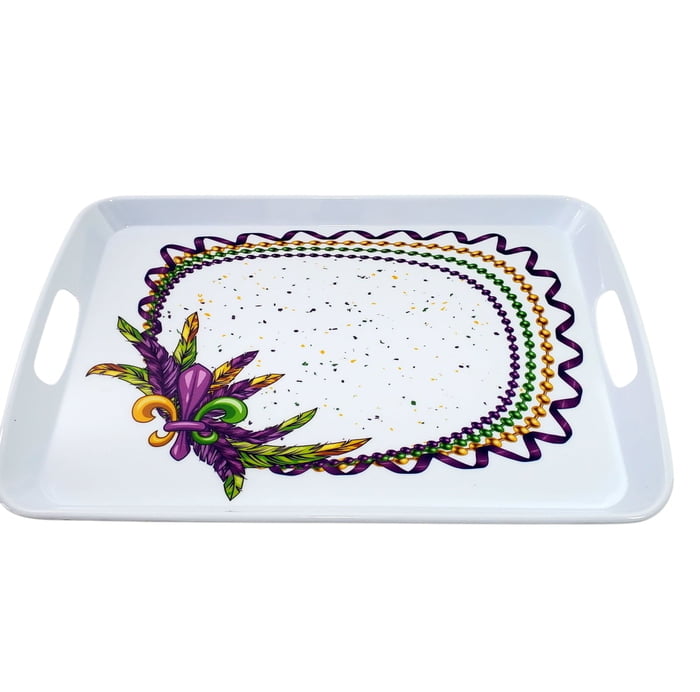 Mardi Gras Beads &amp; Feathers Melamine Tray, White, 18"