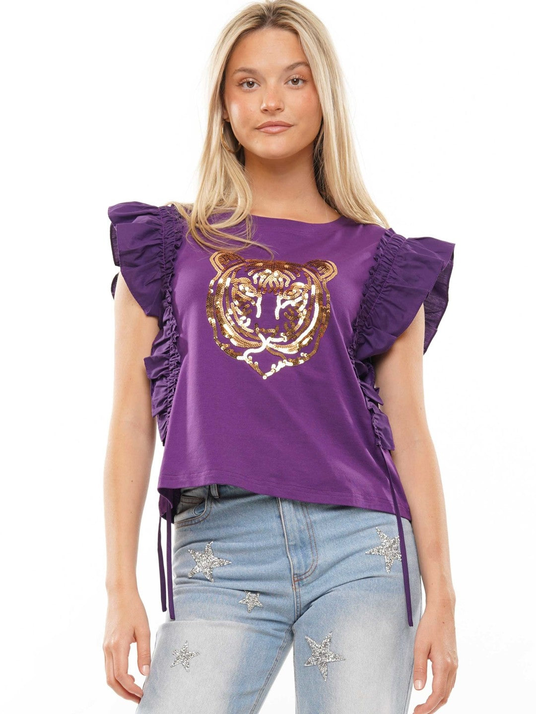 Sequin Tiger Purple Ruffle Top