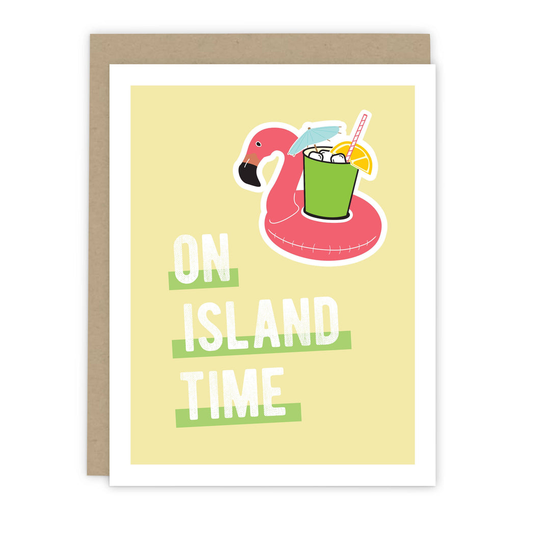 On Island Time Pink Flamingo Greeting Card