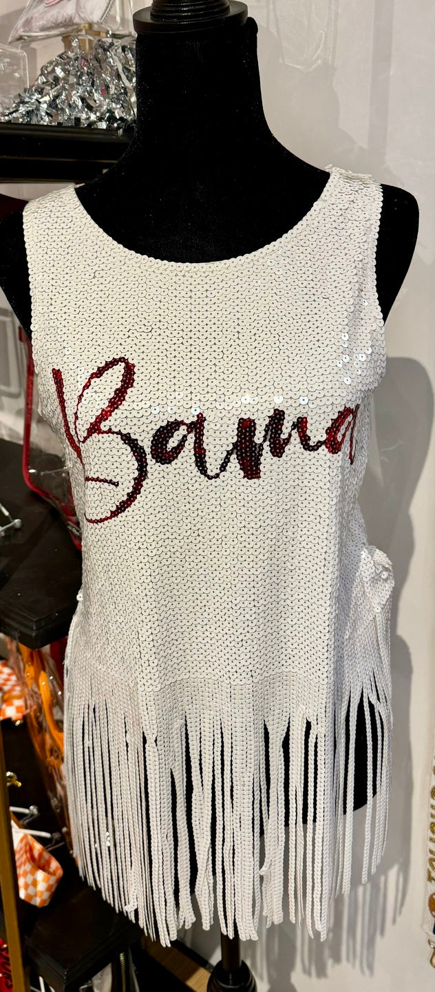 BAMA White Seq Script Tank w/Fringe
