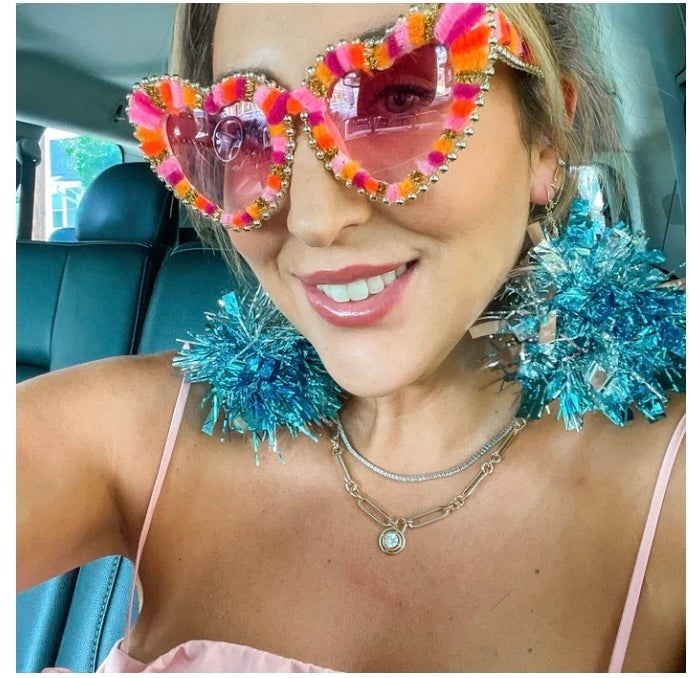 Pom Pom Tinsel Earrings (Aqua &amp; Silver)