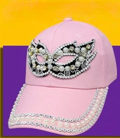 Mardi Gras Jeweled Mask on Pink Cap