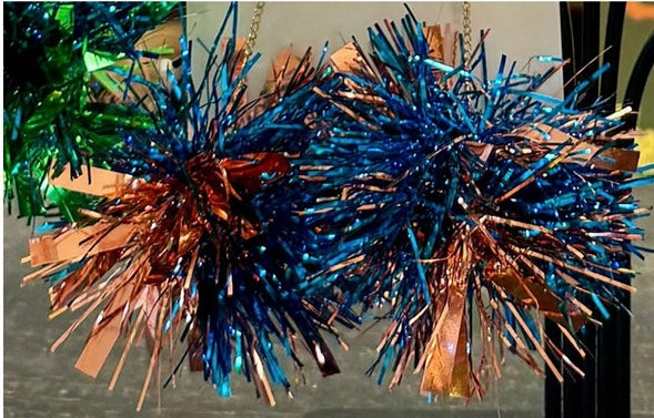 Mini Pom Pom Tinsel Earrings (Blue &amp; Orange)