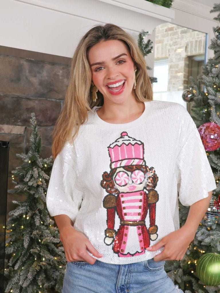 Pink Nutcracker And White Sequin Top