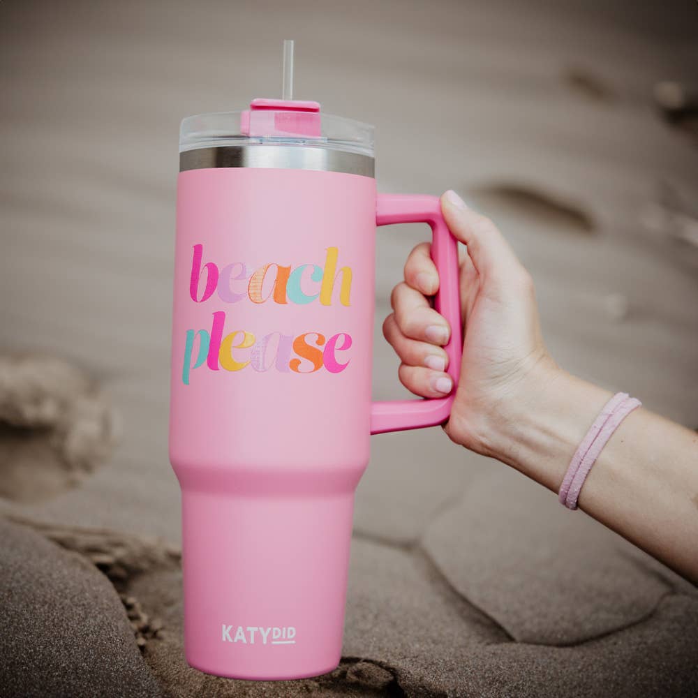 Beach Please Pink Tumbler Cup w/ Handle