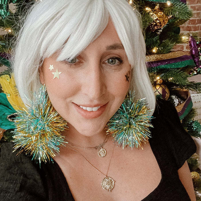 Pom Pom Tinsel Earrings (Teal &amp; Yellow Gold)