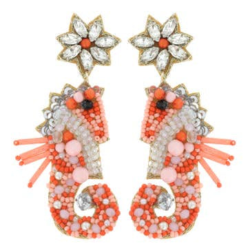 Beaded Copper Orange Seahorse Earrings