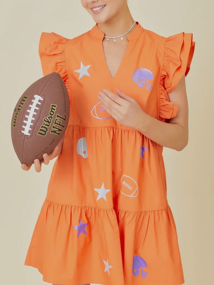 Sparkle Game Day Print Orange Ruffle Dress