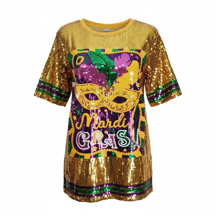 Gold Mardi Gras Sequin Mask Dress, One Size