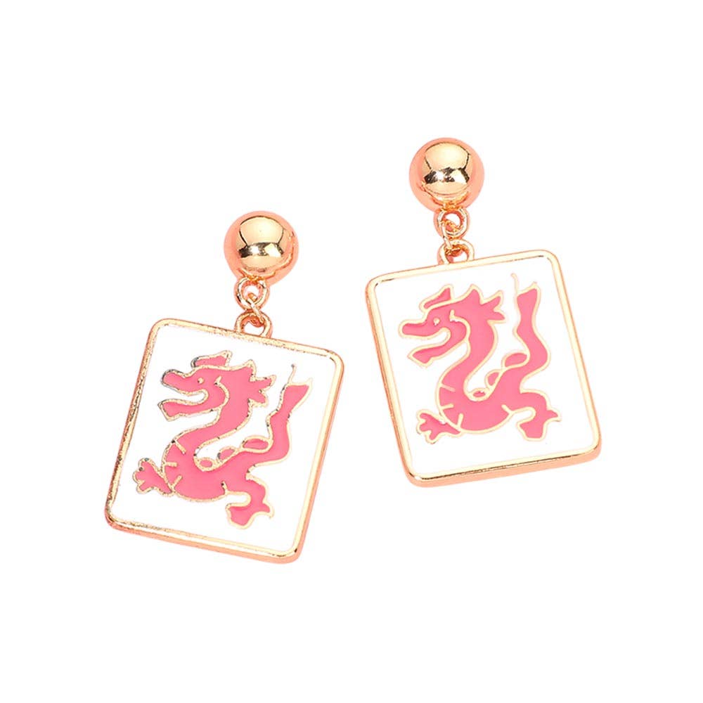Dragon Mahjong Tile Charm Drop Dangle Earrings