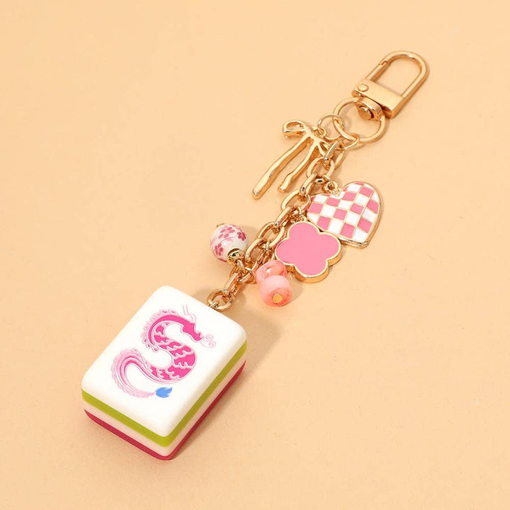 Mahjong Tile Drop Bow Heart Charm Embellished Keychain Bag Charm