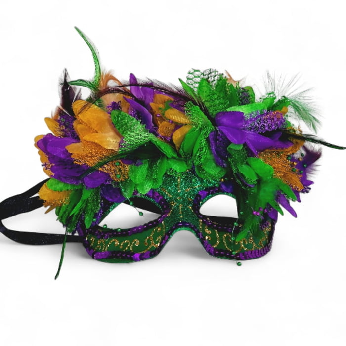 Green Floral Feather Masquerade Mask, Purple, Gold