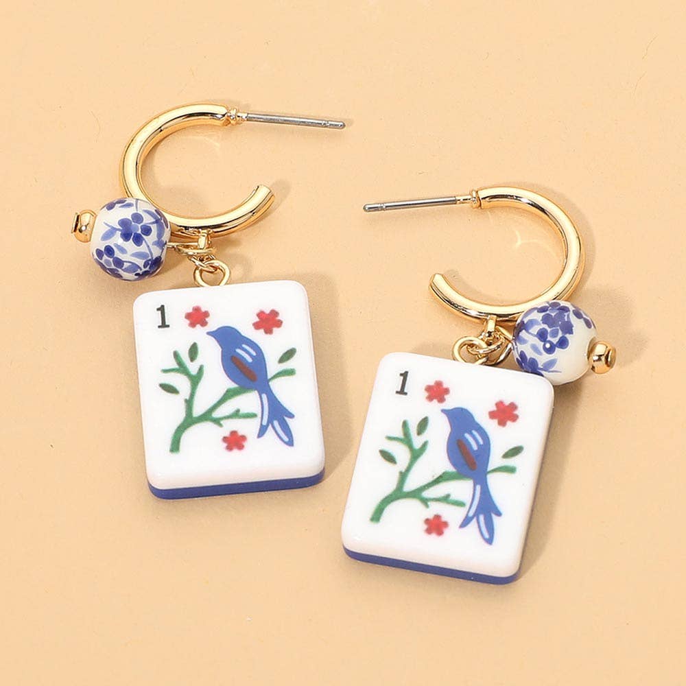 Mahjong Tile Charm Drop Hoop Earrings