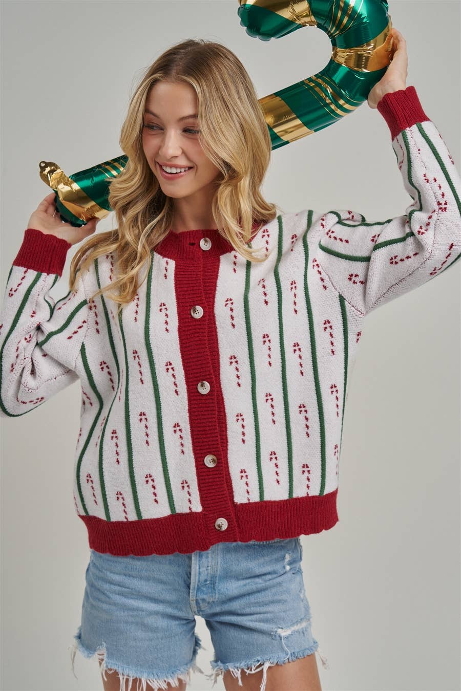 Festive Holiday Christmas Candy Cane Cardigan Sweater