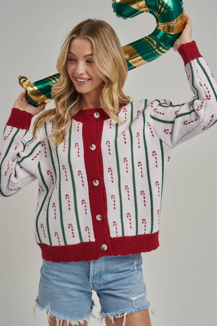 Festive Holiday Christmas Candy Cane Cardigan Sweater