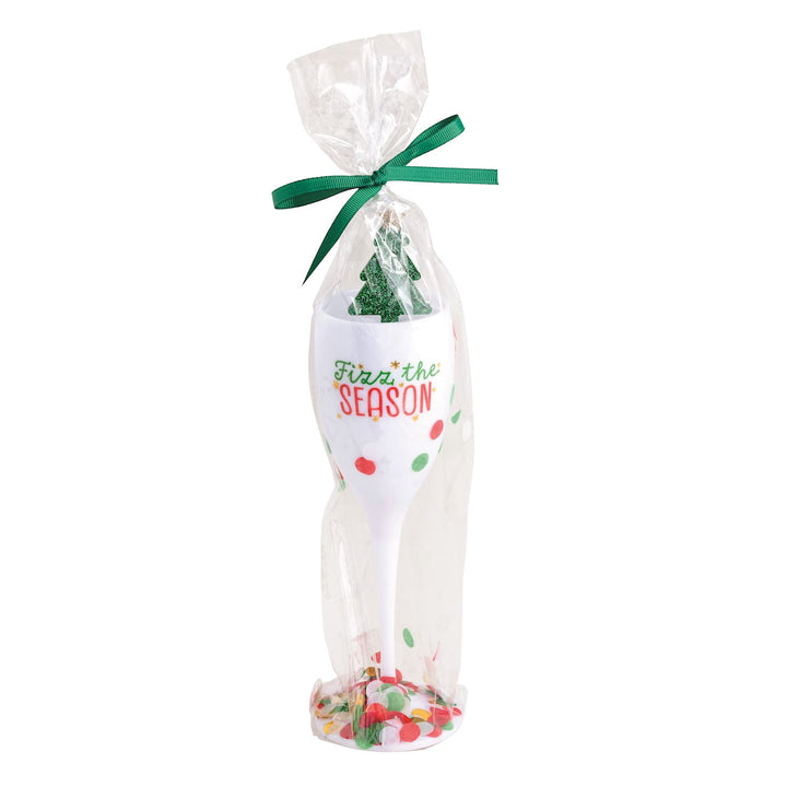 A red plastic champagne flute printed with &