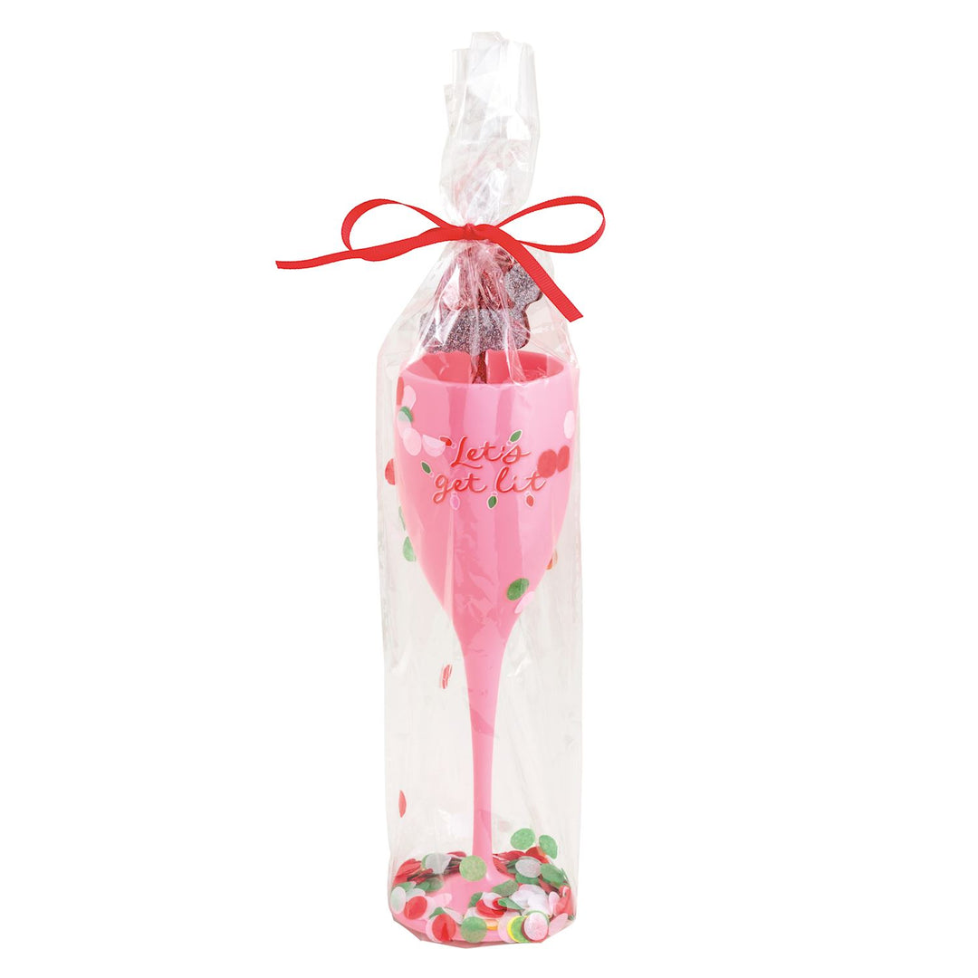 A red plastic champagne flute printed with &