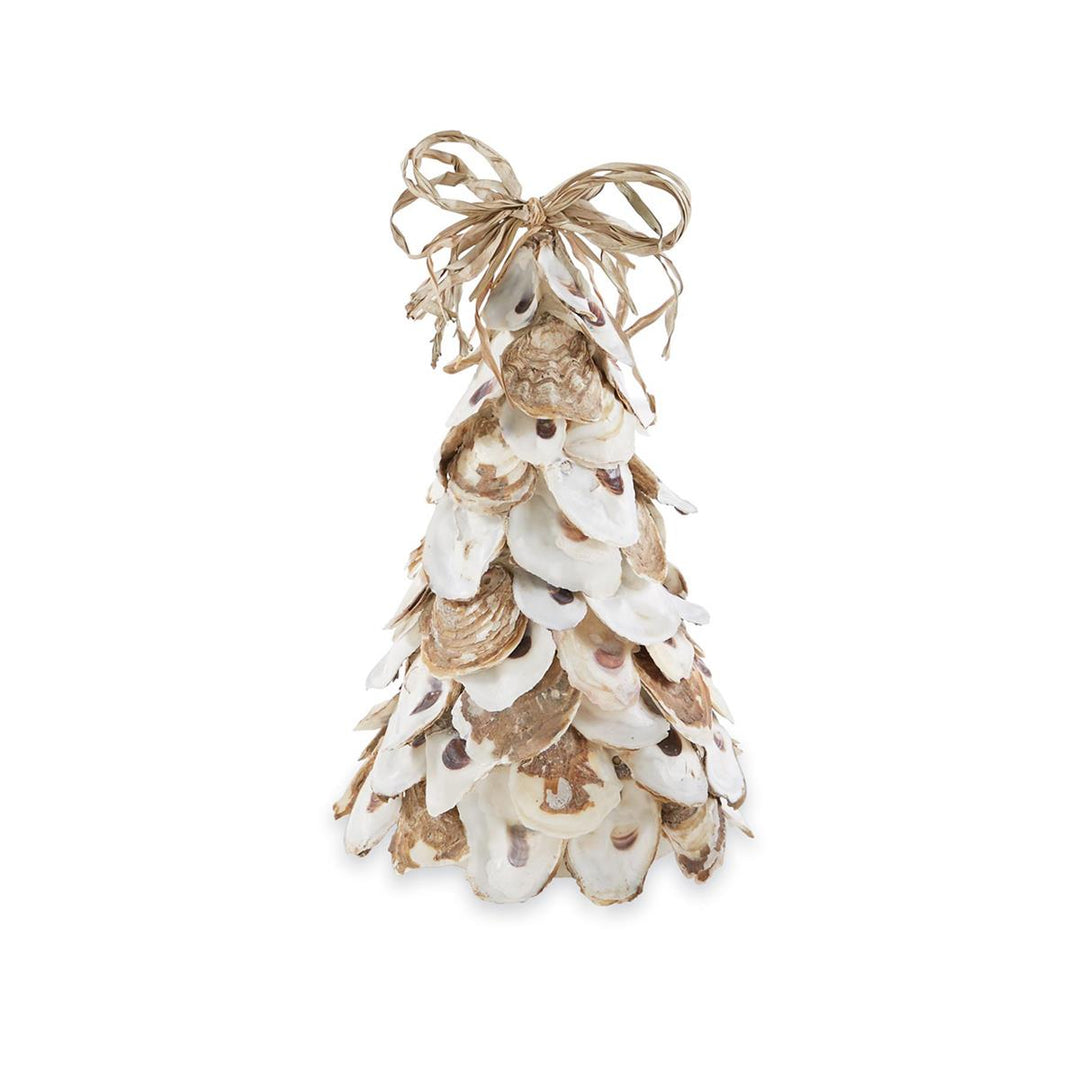 A cone-shaped decorative tree made from layered natural oyster shells in white, tan, and brown tones, topped with a tied raffia bow, displayed against a white background.
