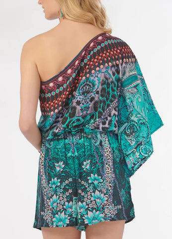 Paisley Aqua One Shoulder Romper