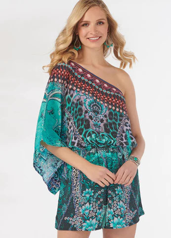 Paisley Aqua One Shoulder Romper