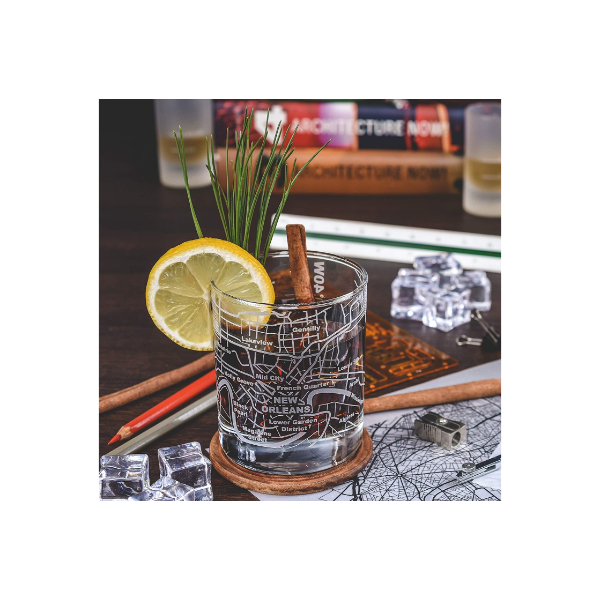 New Orleans Etched Street Grid Whiskey Glasses