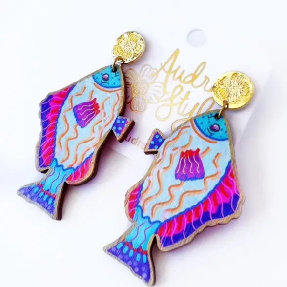 Colorful Nautical Fish Dangle Earring Light Blue