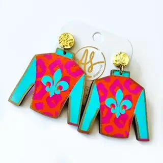 Horse Jockey Silk Kentucky Derby Statement Earrings - Mango &amp; Turquoise