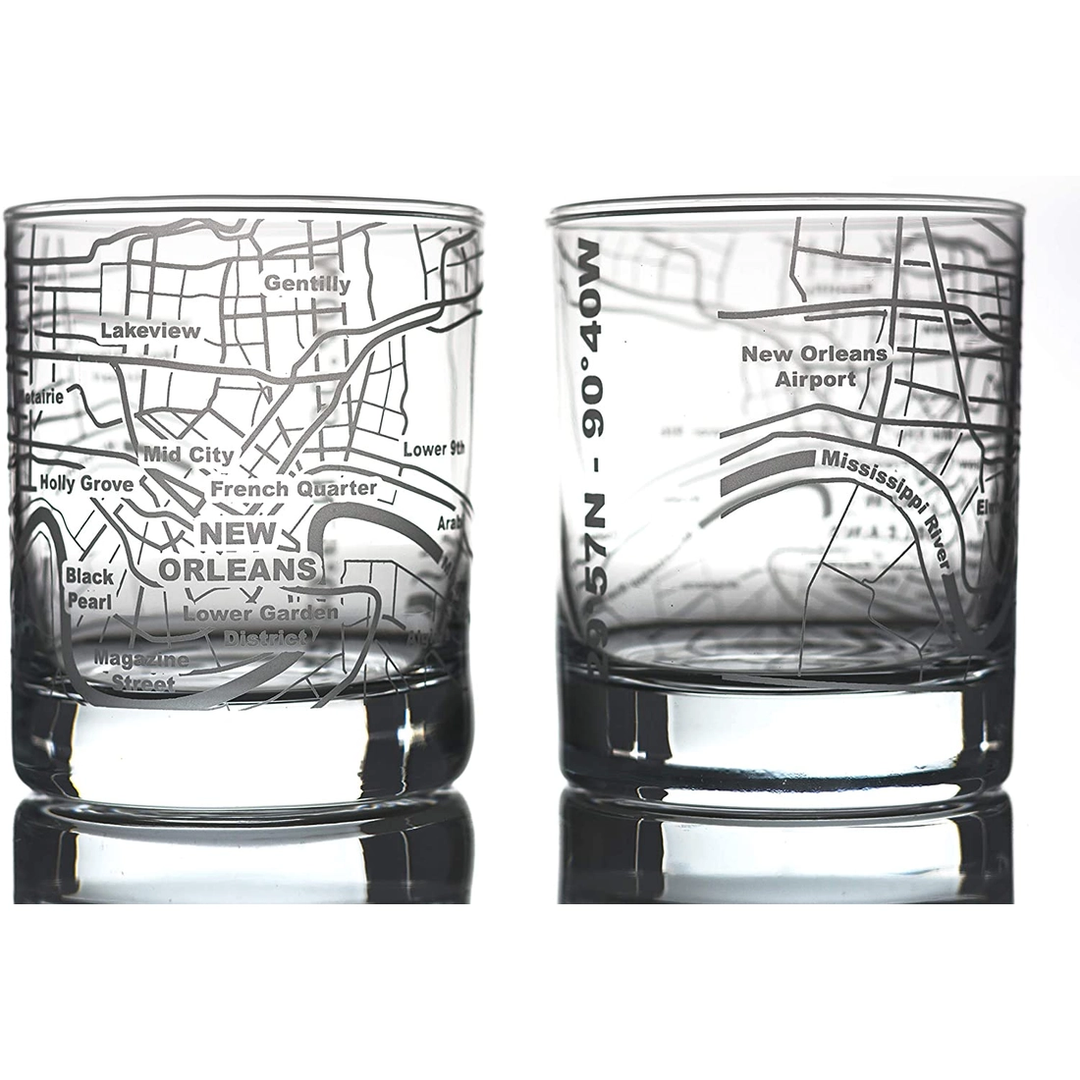New Orleans Etched Street Grid Whiskey Glasses