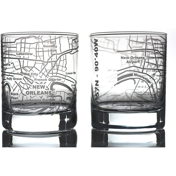 New Orleans Etched Street Grid Whiskey Glasses