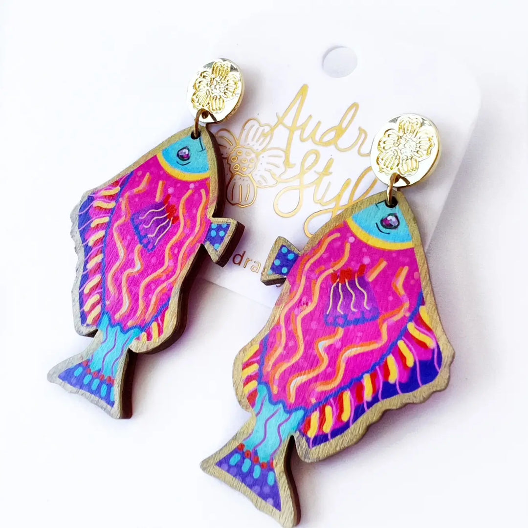 Colorful Nautical Dangle Earring Pink Fish