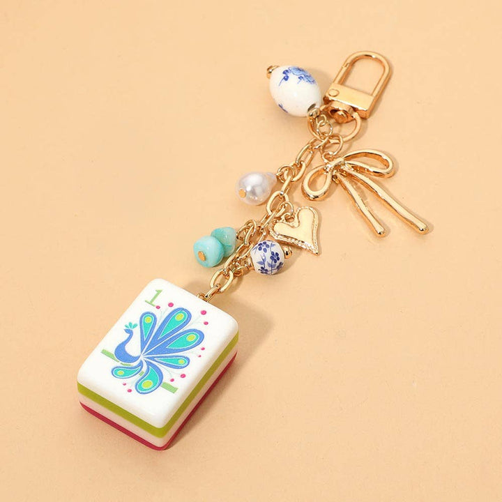 Mahjong Tile Drop Bow Pearl Heart Charm Embellished Keychain Bag Charm