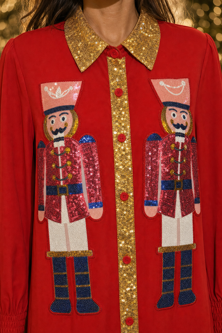 Red Nutcracker Sequin Ruffle Shirt Dress