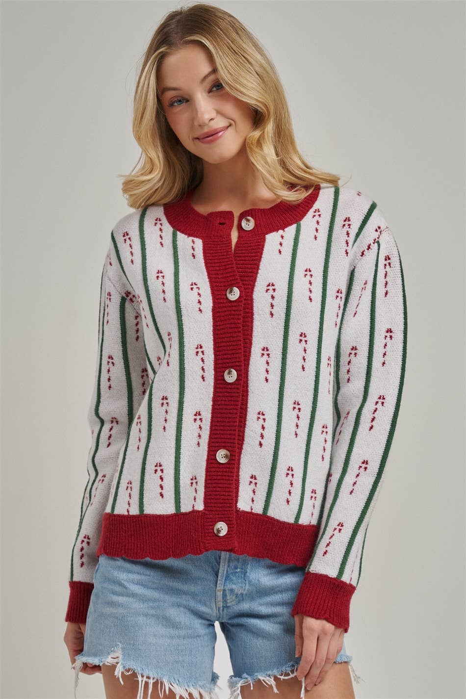 Festive Holiday Christmas Candy Cane Cardigan Sweater
