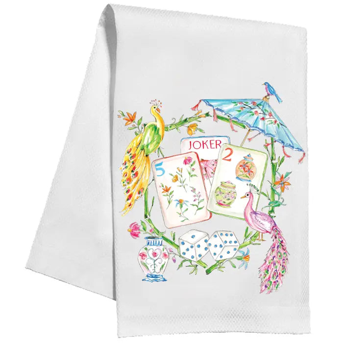 Mahjong Tiles, Colorful Peacocks &amp; Umbrella Kitchen Towel