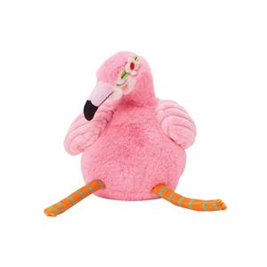 A round, bright pink plush flamingo stuffed animal with orange striped legs, a black beak, and a small floral crown accent on top of her head.