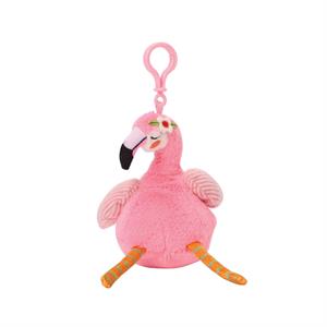 A small plush pink flamingo bag charm with embroidered wing texture, sunglasses detail, sculpted orange legs, and a pink carabiner-style clip at the top.
