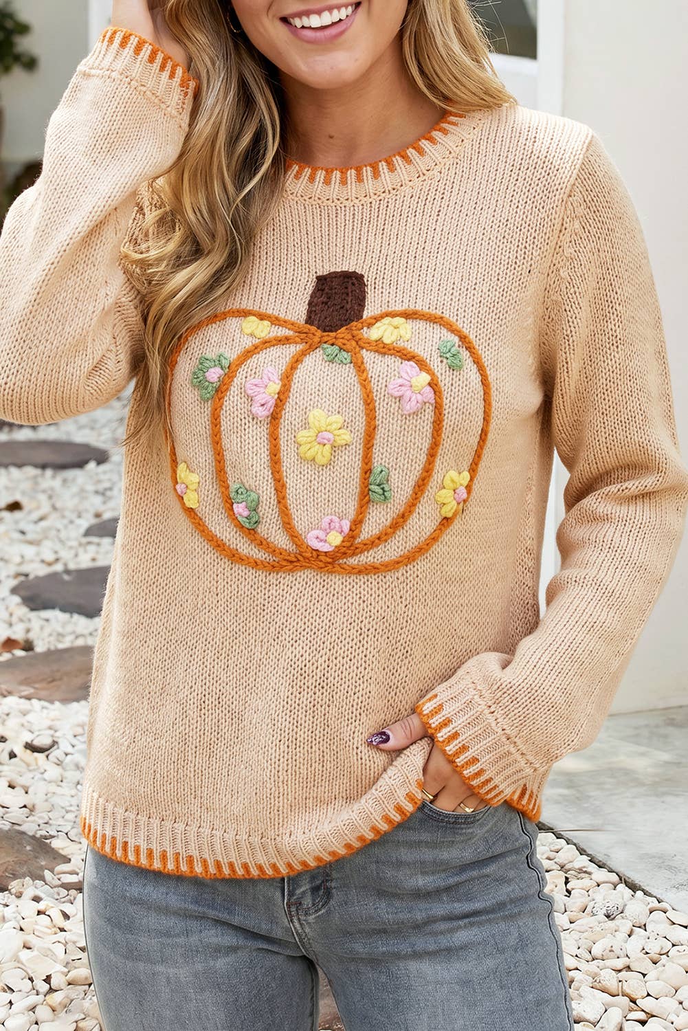 Floral Embroidery Halloween Pumpkin Long Sleeve Sweater