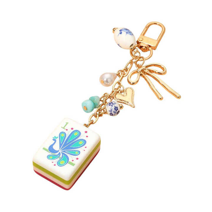 Mahjong Tile Drop Bow Pearl Heart Charm Embellished Keychain Bag Charm