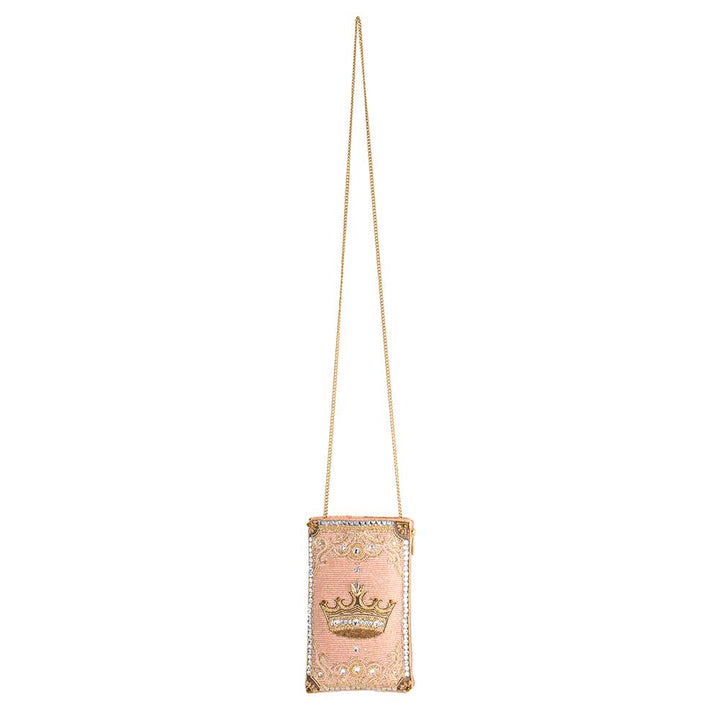 Crowned Jewel Beaded Pink and Gold Crown Crossbody Phone Bag
