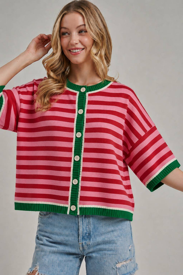 Christmas Stripe Drop Shoulder Cardigan Sweater